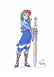 Size: 2059x2912 | Tagged: safe, artist:jurill, rainbow dash, human, equestria girls, g4, alternate hairstyle, alternate universe, bindi, feet, female, high res, looking at you, requested art, sandals, signature, simple background, solo, sword, weapon, white background