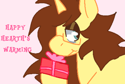 Size: 420x283 | Tagged: safe, artist:beetlebuddy, derpibooru exclusive, oc, oc only, oc:beetlebuddy, unicorn, brown mane, colored, glasses, hearth's warming, horn, present, solo, tired eyes, yellow coat