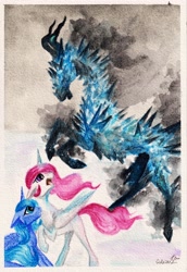 Size: 4222x6120 | Tagged: safe, artist:cahandariella, princess celestia, princess luna, alicorn, g4, dark souls, dark souls 2, female, filly, foal, monster, pink-mane celestia, s1 luna, scared, traditional art, watercolor painting, winter, younger