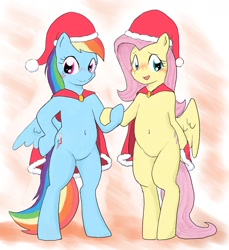 Size: 1640x1792 | Tagged: safe, artist:seidouryu, fluttershy, rainbow dash, pegasus, pony, semi-anthro, g4, belly, belly button, bipedal, blushing, cape, christmas, clothes, duo, female, hat, holiday, hoof hold, lesbian, mare, santa hat, ship:flutterdash, shipping