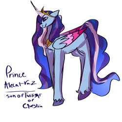 Size: 1280x1280 | Tagged: safe, argyle starshine, alicorn, g5, alternate universe, argyle/prince alcatzar, blue coat, blue wings, cloven hooves, crown, jewelry, mentioned twilight sparkle, necklace, past, pink horn, pink wingtips, prince alcatraz, regalia, story:starless skies, teenager, wings