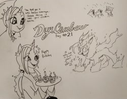 Size: 2048x1588 | Tagged: safe, artist:pony quarantine, oc, oc only, oc:dyx, alicorn, kirin, nirik, pony, cigarette, cupcake, dialogue, dyxcember, eye clipping through hair, female, filly, fire, foal, food, grayscale, hoof hold, kirin-ified, mare, monochrome, older, older dyx, pen drawing, solo, species swap, traditional art