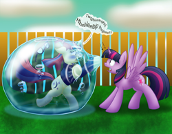 Size: 2250x1750 | Tagged: safe, artist:bladedragoon7575, moondancer, twilight sparkle, alicorn, pony, unicorn, g4, antz, asphyxiation, bipedal, bubble, dreamworks, drowning, duo, female, flowing mane, flowing tail, horn, in bubble, mare, outdoors, speech bubble, surprised, tail, twilight sparkle (alicorn), underwater, water