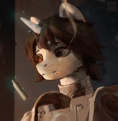 Size: 1967x2024 | Tagged: safe, alternate version, artist:rvsd, oc, oc only, pony, unicorn, fallout equestria, armor, bullet casing, bust, cigarette, horn, levitation, magic, male, prosthetic eye, prosthetics, solo, stallion, telekinesis