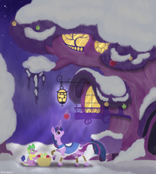 Size: 1280x1423 | Tagged: safe, artist:xeon777art, spike, twilight sparkle, dragon, pony, unicorn, g4, cloak, clothes, duo, duo male and female, female, fetlock tuft, glowing, glowing horn, golden oaks library, hearth's warming, horn, levitation, looking up, magic, male, mare, night, ornament, outdoors, scarf, snow, telekinesis, turned head, unicorn twilight, wingless spike