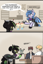 Size: 1671x2523 | Tagged: safe, artist:n-o-n, oc, oc only, oc:chloe (airfly-pony), oc:lucky roll, bat pony, human, pony, alcohol, bruh, clothes, cocktail, coffee, comic, cross-popping veins, dress, drink, eeee, emanata, female, fishnet clothing, fishnet stockings, food, holding, ice cream, indoors, maid, maid cafe, maid headdress, mango, mare, shop, skirt, socks, speech bubble, stockings, thigh highs, tray, waitress