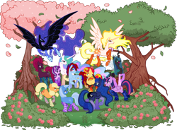 Size: 2237x1647 | Tagged: safe, artist:jennathedragon, applejack, daybreaker, nightmare moon, princess celestia, princess luna, queen chrysalis, starlight glimmer, sunset shimmer, tempest shadow, trixie, twilight sparkle, oc, alicorn, changeling, changeling queen, earth pony, pegasus, pony, unicorn, g4, bedroom eyes, bush, canon x oc, cherry blossoms, clothes, ethereal mane, ethereal tail, female, flower, flower blossom, flowing mane, flowing tail, group, horn, leaves, male, oc gets all the mares, outdoors, raised hoof, rose, self paradox, self ponidox, simple background, smiling, socks, straight, striped socks, tail, transparent background, tree, twilight sparkle (alicorn)