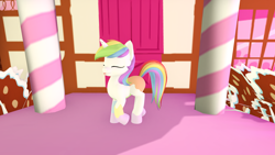 Size: 2560x1440 | Tagged: safe, oc, oc only, oc:paint drops, pony, unicorn, open pony, :p, cute, eyes closed, female, filly, foal, horn, multicolored hair, ponyville, rainbow hair, second life, smiling, solo, sugarcube corner, tongue out, white coat