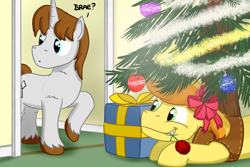 Size: 1800x1200 | Tagged: safe, artist:hoofclid, braeburn, oc, oc:hoofclid, earth pony, pony, unicorn, g4, bow, canon x oc, christmas, christmas tree, duo, duo male, flower, flower in mouth, gay, grin, holiday, horn, male, mouth hold, present, rose, rose in mouth, smiling, stallion, tree