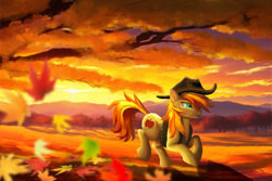 Size: 2700x1800 | Tagged: safe, artist:allegrenix, braeburn, earth pony, pony, g4, autumn, autumn leaves, clothes, cowboy hat, forest, hat, leaves, male, nature, outdoors, running, solo, stallion, sunset, tree, vest