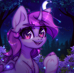 Size: 2921x2908 | Tagged: safe, artist:radioaxi, oc, oc only, bat, bat pony, pony, crescent moon, fangs, forest, high res, horn, looking at you, moon, nature, night, night sky, open mouth, open smile, raised hoof, sky, smiling, smiling at you, solo, stars, tree