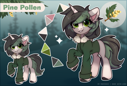 Size: 3462x2351 | Tagged: safe, artist:radioaxi, oc, oc only, oc:pine pollen, pony, unicorn, eye clipping through hair, high res, horn, raised hoof, reference sheet, smiling, solo, unicorn oc