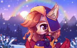 Size: 2289x1440 | Tagged: safe, artist:radioaxi, oc, oc only, bat pony, pony, bat pony oc, bat wings, commission, duo, ear fluff, forest, hat, nature, outdoors, rainbow, scenery, snow, snowfall, sun, tree, wings, winter