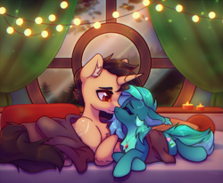 Size: 2825x2329 | Tagged: safe, artist:radioaxi, oc, oc only, earth pony, pony, unicorn, blanket, commission, duo, high res, horn, indoors, lying down, nuzzling, oc x oc, shipping, string lights