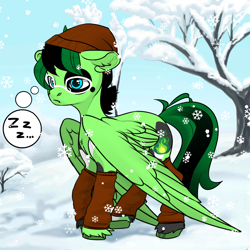 Size: 1024x1024 | Tagged: oc name needed, safe, artist:princess ice color twinkle, oc, oc only, pegasus, avatar maker fantasy pony, beanie, body markings, clothes, eyeshadow, facial markings, glasses, green skin, hat, leg markings, leg warmers, makeup, male, onomatopoeia, outdoors, snow, snowfall, snowflake, socks, solo, sound effects, speech bubble, stallion, tail, tree, two toned mane, two toned tail, wings, wings down, zzz