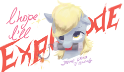 Size: 2125x1233 | Tagged: safe, artist:some_ponu, derpy hooves, pony, g4, bomb, bust, derp, explosives, female, lit fuse, looking at you, mare, mouth hold, pipe bomb, portrait, simple background, tnt, weapon, white background