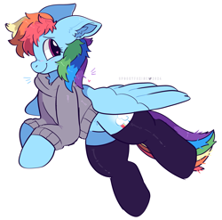 Size: 2459x2433 | Tagged: safe, artist:spookyfoxinc, rainbow dash, pegasus, pony, g4, blushing, clothes, female, heart, heart eyes, hoodie, mare, simple background, smiling, socks, solo, spread wings, white background, wingding eyes, wings