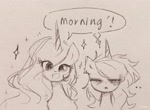 Size: 2048x1500 | Tagged: safe, artist:liaaqila, princess celestia, princess luna, alicorn, pony, g4, duo, duo female, eyes closed, female, mare, monochrome, morning, morning ponies, open mouth, royal sisters, siblings, sisters, sketch, traditional art