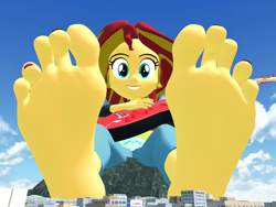 Size: 5000x3750 | Tagged: safe, artist:dragonalex555, sunset shimmer, human, equestria girls, g4, my little pony equestria girls: friendship games, 3d, barefoot, electric guitar, feet, female, fetish, foot fetish, giant human, giantess, guitar, guitar solo, macro, mmd, musical instrument, nail polish, outdoors, playing guitar, playing instrument, soles, toenail polish, toes