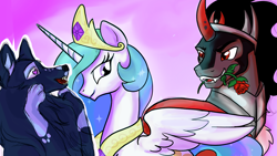 Size: 1920x1080 | Tagged: safe, artist:amanecerlobo, king sombra, princess celestia, oc, alicorn, pony, unicorn, g4, female, flower, horn, male, rose, ship:celestibra, shipping, straight