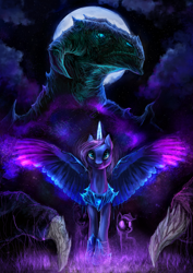 Size: 1192x1686 | Tagged: safe, artist:elkaart, princess luna, alicorn, dragon, pony, g4, dark, glowing, solo focus