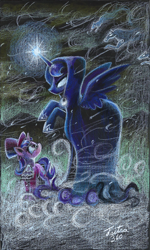 Size: 1622x2698 | Tagged: safe, artist:tsitra360, princess luna, snowfall frost, spirit of hearth's warming yet to come, starlight glimmer, a hearth's warming tail, g4, my little pony: friendship is magic, blizzard, cloak, clothes, duo, glasses, glowing, glowing eyes, glowing horn, hat, horn, scene interpretation, signature, snow, snowfall, top hat, traditional art