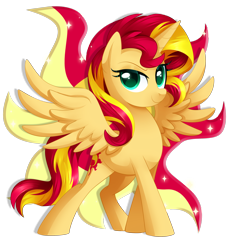 Size: 3000x3300 | Tagged: safe, artist:xnightmelody, sunset shimmer, alicorn, pony, g4, alicornified, backwards cutie mark, cutie mark background, female, race swap, shimmercorn, simple background, smiling, smirk, solo, spread wings, sunshine shimmer, transparent background, wings