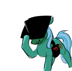 Size: 785x773 | Tagged: safe, artist:anonymous, lyra heartstrings, pony, unicorn, g4, bag, black hat, black hat (villainous), drawthread, female, food, hat, horn, implied expensive imported oats, l.u.l.s., mare, oats, requested art, saddle bag, simple background, solo, stealing, white background