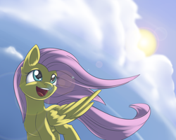 Size: 3000x2400 | Tagged: safe, artist:dusthiel, fluttershy, pegasus, pony, g4, cloud, female, lens flare, mare, solo, sun