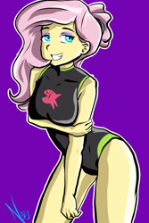 Size: 2000x3000 | Tagged: safe, artist:nolyanimeid, fluttershy, human, equestria girls, g4, beach shorts swimsuit, breasts, busty fluttershy, clothes, female, fluttershy's beach shorts swimsuit, fluttershy's one-piece swimsuit, looking at you, one-piece swimsuit, purple background, simple background, smiling, smiling at you, solo, swimsuit