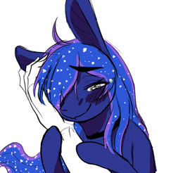 Size: 785x773 | Tagged: safe, artist:anonymous, princess luna, pony, g4, big ears, blushing, drawthread, duo, female, hand, mare, missing horn, offscreen character, offscreen human, ponified, requested art, simple background, white background