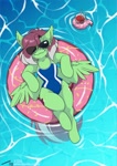 Size: 777x1098 | Tagged: safe, artist:arctic-fox, oc, oc only, oc:watermelon success, pegasus, pony, semi-anthro, belly, clothes, curvy, ear fluff, freckles, hourglass figure, inner tube, one-piece swimsuit, outdoors, pegasus oc, pool toy, solo, swimsuit, water, wide hips