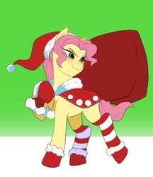 Size: 1607x1862 | Tagged: safe, artist:aztrial, posey bloom, earth pony, pony, g5, bag, boots, christmas, clothes, cosplay, costume, crossover, female, gloves, hat, holiday, mare, santa hat, shoes, socks, solo, striped socks, the grinch