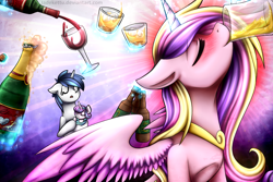 Size: 1080x720 | Tagged: safe, artist:jadekettu, princess cadance, princess flurry heart, shining armor, alicorn, pony, g4, alcohol, alicorn metabolism, baby, baby pony, beer, blushing, champagne, drink, drinking, drunk, drunk cadance, drunk princess, eyes closed, floppy ears, glass, glowing, glowing horn, horn, human shoulders, ice, magic, open mouth, pouring, ribcage, shot glass, sleeping, telekinesis, thin, wine