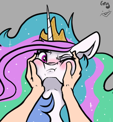 Size: 1452x1569 | Tagged: dead source, safe, artist:greyscaleart, princess celestia, alicorn, human, pony, g4, :t, annoyed, blushing, bust, cheek squish, crown, cute, cutelestia, ethereal mane, featured image, female, floppy ears, frown, gray background, greyscaleart is trying to murder us, jewelry, looking at you, majestic as fuck, mare, messy mane, offscreen character, one eye closed, pov, puffy cheeks, regalia, rubbing, signature, simple background, solo focus, sparkles, sparkly mane, squishy cheeks, starry mane, sweet dreams fuel, this will end in death, this will end in tears, this will end in tears and/or a journey to the moon, this will end in tears and/or death, this will end well, wide eyes, wink