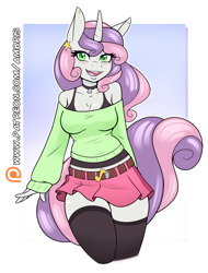 Size: 1890x2490 | Tagged: safe, artist:ambris, sweetie belle, unicorn, anthro, g4, adorasexy, adult, beautiful, beautisexy, bell, bell choker, belt, blushing, bra, breasts, busty sweetie belle, choker, cleavage, clothes, curvy, cute, diasweetes, ear piercing, earring, eyelashes, eyeshadow, female, green eyes, happy, horn, jewelry, looking at you, makeup, mare, midriff, miniskirt, moe, off shoulder, off shoulder sweater, older, older sweetie belle, patreon, patreon logo, piercing, reasonably sized breasts, sexy, shoulderless, simple background, skindentation, skirt, smiling, socks, solo, stockings, sweater, sweater belle, tank top, teenager, thigh highs, thighs, underwear, wall of tags, wide hips, zettai ryouiki