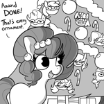 Size: 1500x1500 | Tagged: safe, artist:tjpones, applejack, discord, fluttershy, pinkie pie, rainbow dash, rarity, twilight sparkle, oc, oc only, oc:brownie bun, earth pony, pony, g4, black and white, candy, candy cane, christmas, christmas ornament, christmas tree, decoration, dialogue, female, food, grayscale, holiday, mane six, mare, monochrome, open mouth, open smile, smiling, solo, tree