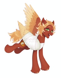 Size: 1615x2048 | Tagged: safe, artist:anemonaii, oc, oc only, oc:golden flare, pegasus, pony, bandage, bandaged, bandaged wing, broken wing, brown hooves, bucking, colored eyebrows, colored hooves, colored wings, colored wingtips, commission, cute, feathered wings, freckles, green eyes, grin, hooves, injured wing, looking at you, neck freckles, nonbinary, nonbinary oc, ocbetes, one wing out, open mouth, open smile, orange mane, orange tail, red coat, shiny hooves, shiny mane, shiny tail, short mane, simple background, smiling, smiling at you, tail, three quarter view, three toned wings, two toned mane, two toned tail, unshorn fetlocks, watermark, white background, wings, yellow wingtips