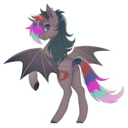 Size: 2048x2044 | Tagged: oc name needed, safe, artist:anemonaii, oc, oc only, alicorn, bat pony, bat pony alicorn, pony, alicorn oc, ambiguous gender, bat pony alicorn oc, bat pony oc, bat wings, brown coat, brown hooves, colored hooves, colored pinnae, colored pupils, colored wings, commission, ear fluff, ear piercing, earring, gradient mane, gradient wings, gray hooves, green mane, high res, hooves, horn, jewelry, long mane, looking at you, looking back, looking back at you, multicolored mane, multicolored tail, piercing, profile, purple eyes, purple pupils, rear view, rearing, shiny mane, shiny tail, simple background, slit pupils, smiling, smiling at you, solo, spread wings, tail, thin, two toned wings, watermark, white background, wings