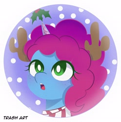 Size: 2028x2048 | Tagged: safe, artist:eltrash_art6, misty brightdawn, pony, unicorn, g5, christmas, clothes, cute, fake antlers, female, hairband, holiday, holly, holly mistaken for mistletoe, horn, icon, mare, mistybetes, open mouth, rebirth misty, scarf, simple background, snow, solo, white background