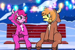 Size: 944x624 | Tagged: safe, artist:tamers12345, braeburn, pinkie pie, earth pony, pony, my little pony the movie: hearth's warming in manehattan, g4, animal costume, bench, christmas, christmas lights, costume, female, hearth's warming, holiday, looking at each other, looking at someone, male, mare, outdoors, reindeer costume, sitting, snow, stallion