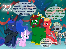 Size: 1440x1080 | Tagged: safe, artist:bronybyexception, diamond tiara, princess luna, spirit of hearth's warming yet to come, sprout cloverleaf, alicorn, earth pony, pony, robot, robot pony, unicorn, g4, g5, my little pony: tell your tale, a christmas carol, advent calendar, aqua teen hunger force, christmas, christmas tree, cybernetic ghost of christmas past from the future, female, ghost of christmas present, holiday, horn, male, mare, stallion, time travel, tree