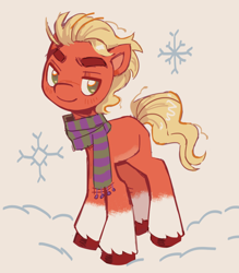 Size: 1280x1461 | Tagged: safe, artist:onionpwder, sprout cloverleaf, earth pony, pony, g5, blonde mane, blonde tail, blush lines, blushing, clothes, coat markings, colored belly, colored eyebrows, colored pinnae, cute, eyebrows, green eyes, looking back, male, missing cutie mark, outdoors, pale belly, raised eyebrow, red coat, red hooves, requested art, scarf, shiny hooves, shiny mane, shiny tail, smiling, snow, snowfall, snowflake, socks (coat markings), solo, sproutbetes, stallion, standing, striped scarf, tail, thick eyebrows, thin, three quarter view