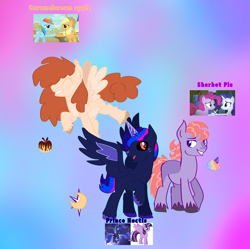 Size: 2614x2605 | Tagged: safe, oc, oc:caramelcream apple, oc:prince noctis, oc:sherbet pie, alicorn, earth pony, pegasus, black sclera, cloven hooves, cutie mark, eyes closed, flirting, magical lesbian spawn, male, mane three(new gen), next generation, offspring, open mouth, parent:applejack, parent:pinkie pie, parent:princess luna, parent:rainbow dash, parent:rarity, parent:twilight sparkle, parents:appledash, parents:raripie, parents:twiluna, red eyes, smiling, stallion