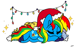 Size: 1600x1037 | Tagged: safe, artist:princessmoonsilver, oc, oc:shield wing, alicorn, pony, christmas, christmas lights, hat, holiday, santa hat, simple background, sleeping, solo, transparent background