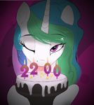 Size: 1276x1428 | Tagged: safe, artist:local sugar provider, derpibooru exclusive, princess celestia, alicorn, pony, g4, bedroom eyes, birthday cake, cake, candle, cream, dim light, eating, female, food, frosting, holding, licking, looking at you, mare, one eye closed, seductive look, solo, sparkles, suggestive eating, tongue out