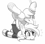 Size: 2067x1985 | Tagged: safe, artist:pabbley, derpy hooves, pegasus, pony, g4, :p, backbend, black and white, bubble butt, butt, cable, clothes, clumsy, derpy being derpy, female, folded wings, frog (hoof), grayscale, mare, monochrome, plot, plug, power cord, shirt, simple background, smiling, solo, sweat, sweatdrops, tongue out, underhoof, white background, wings