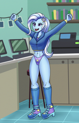 Size: 1350x2100 | Tagged: safe, artist:zachc, trixie, human, equestria girls, equestria girls specials, g4, my little pony equestria girls: better together, my little pony equestria girls: forgotten friendship, breasts, clothes, commission, computer, female, indoors, no pants, office, panties, scene interpretation, simple background, solo, underwear