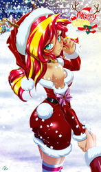 Size: 1600x2720 | Tagged: safe, artist:mauroz, apple bloom, applejack, fluttershy, pinkie pie, rainbow dash, spike, sunset shimmer, earth pony, human, pegasus, pony, equestria girls, g4, anime, anime style, ass, bunset shimmer, butt, christmas, christmas 2024, clothes, costume, focus, hat, holiday, humanized, male, offscreen character, pov, santa costume, santa hat, sleeping