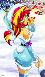 Size: 1600x2720 | Tagged: safe, alternate version, artist:mauroz, sunset shimmer, human, equestria girls, g4, anime, anime style, ass, bunny tail, bunset shimmer, butt, christmas, christmas 2024, clothes, costume, focus, hat, holiday, male, offscreen character, outdoors, pov, santa costume, santa hat, tail